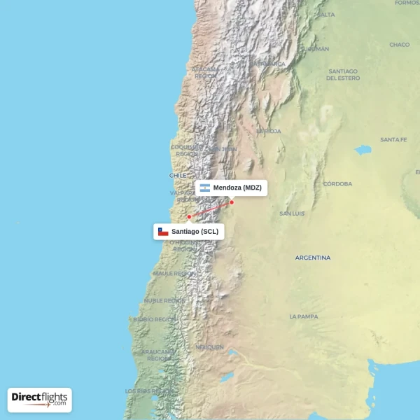 Santiago - Mendoza direct flight map