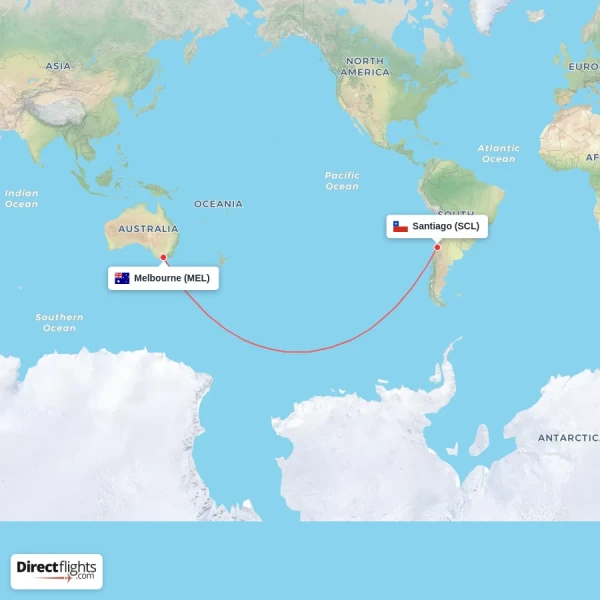 Santiago - Melbourne direct flight map