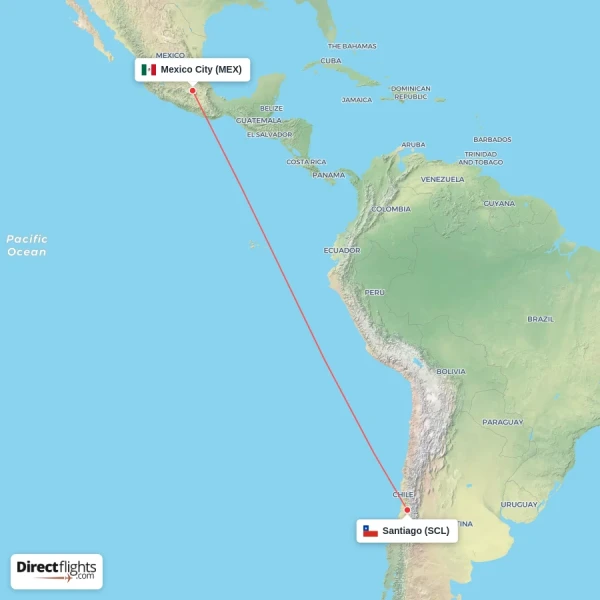 Santiago - Mexico City direct flight map