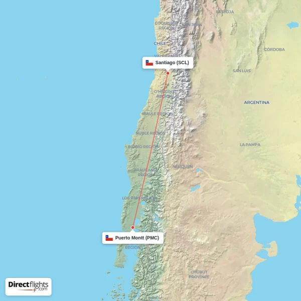 Santiago - Puerto Montt direct flight map