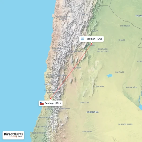 Santiago - Tucuman direct flight map