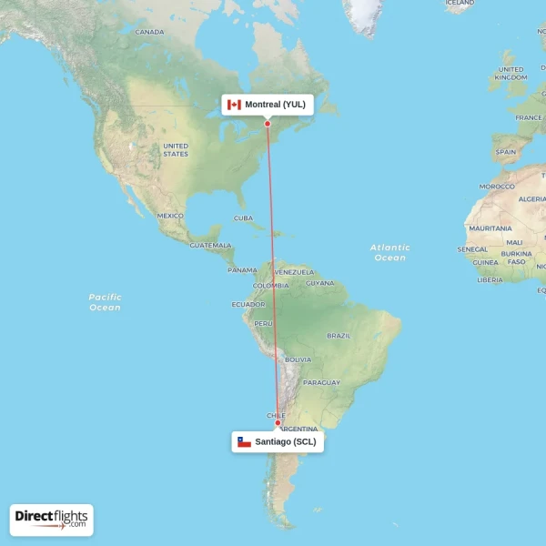 Santiago - Montreal direct flight map