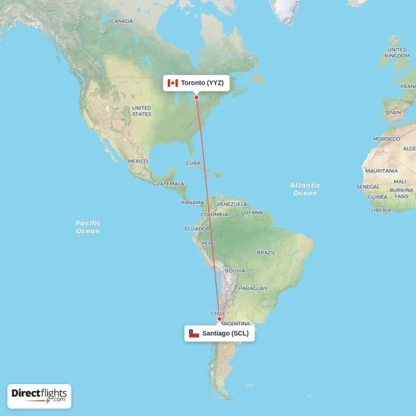 Santiago - Toronto direct flight map