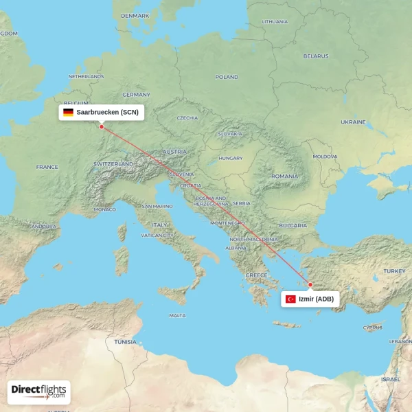Saarbruecken - Izmir direct flight map