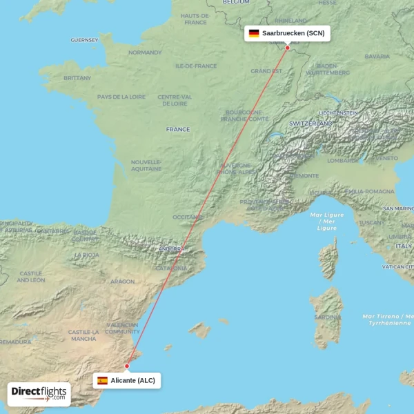 Saarbruecken - Alicante direct flight map
