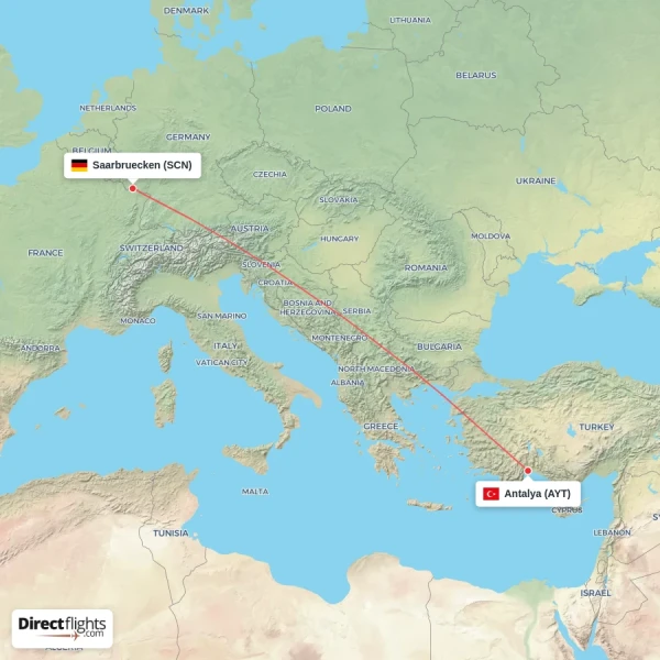 Saarbruecken - Antalya direct flight map