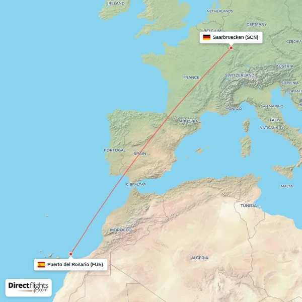 Saarbruecken - Puerto del Rosario direct flight map