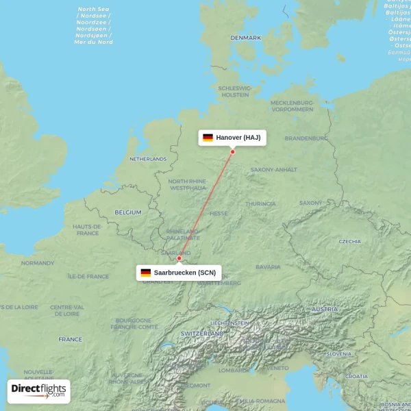 Saarbruecken - Hanover direct flight map
