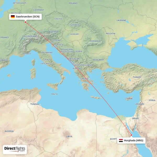 Saarbruecken - Hurghada direct flight map
