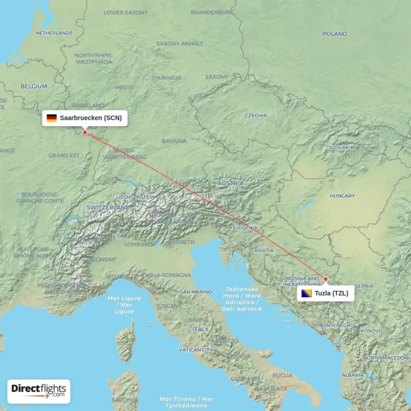 Saarbruecken - Tuzla direct flight map