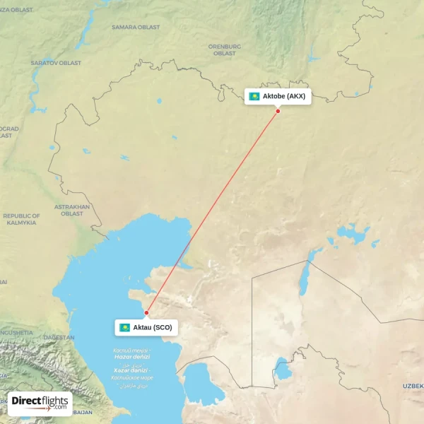 Aktau - Aktobe direct flight map