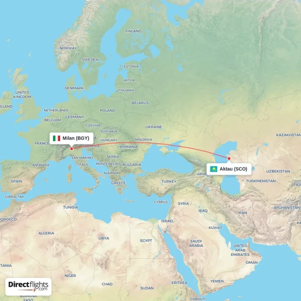 Aktau - Milan direct flight map