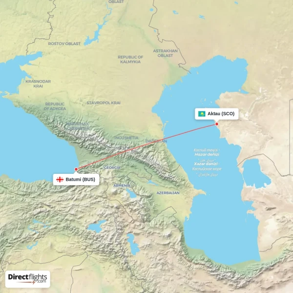Aktau - Batumi direct flight map