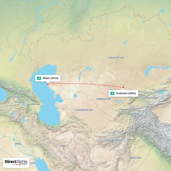 Aktau - Turkistan direct flight map