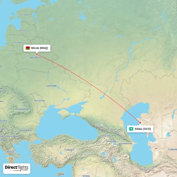 Aktau - Minsk direct flight map