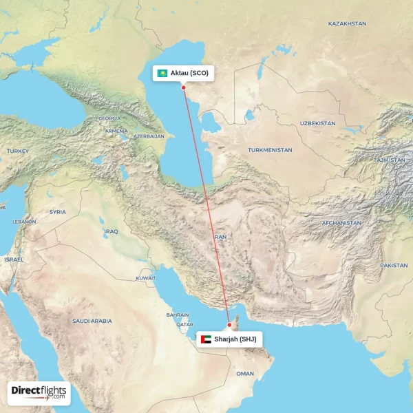 Aktau - Sharjah direct flight map