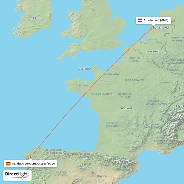 Santiago De Compostela - Amsterdam direct flight map