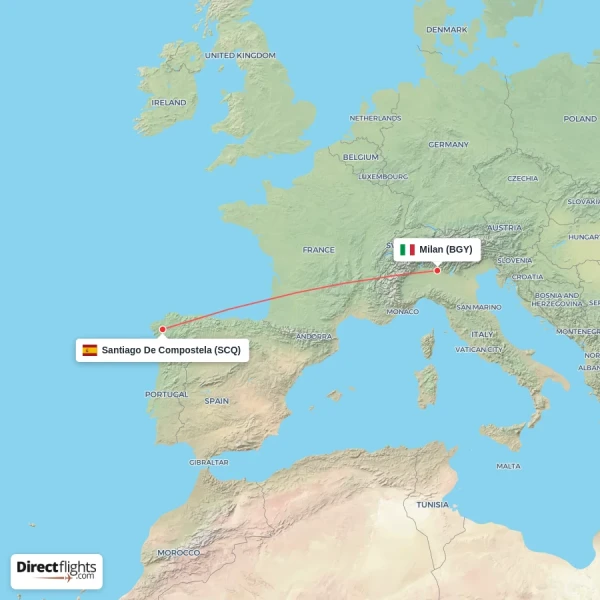 Santiago De Compostela - Milan direct flight map