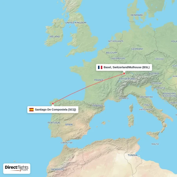 Santiago De Compostela - Basel, Switzerland/Mulhouse direct flight map