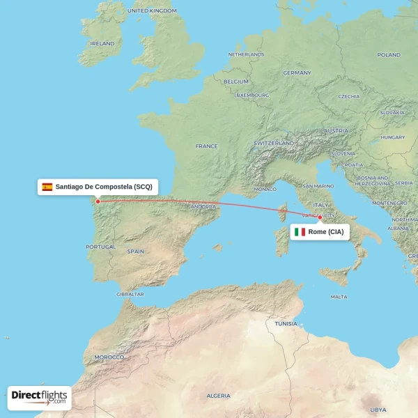 Santiago De Compostela - Rome direct flight map