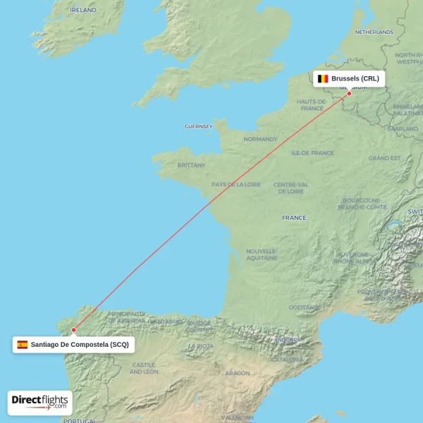 Santiago De Compostela - Brussels direct flight map