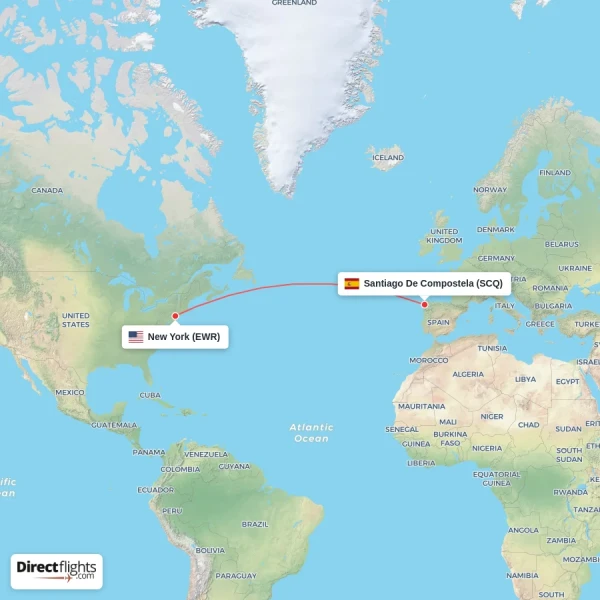 Santiago De Compostela - New York direct flight map