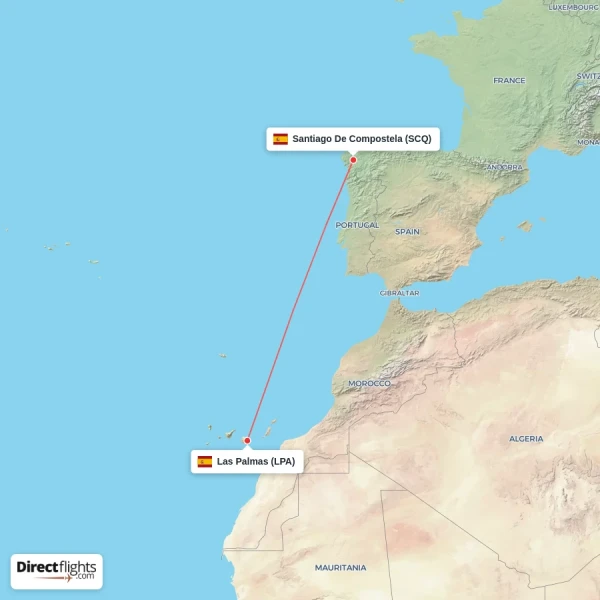 Santiago De Compostela - Las Palmas direct flight map