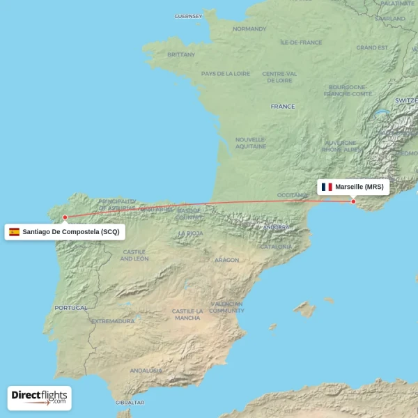 Santiago De Compostela - Marseille direct flight map