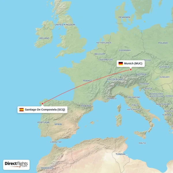 Santiago De Compostela - Munich direct flight map