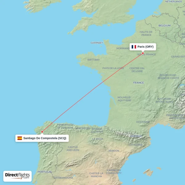 Santiago De Compostela - Paris direct flight map