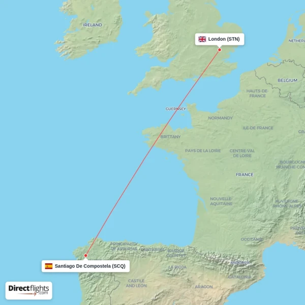 Santiago De Compostela - London direct flight map