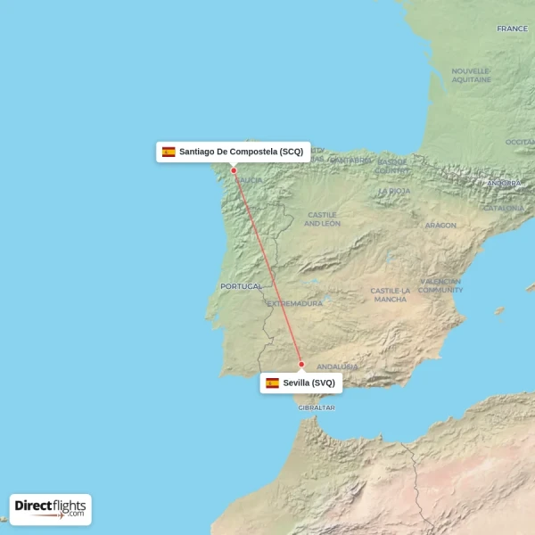Santiago De Compostela - Sevilla direct flight map