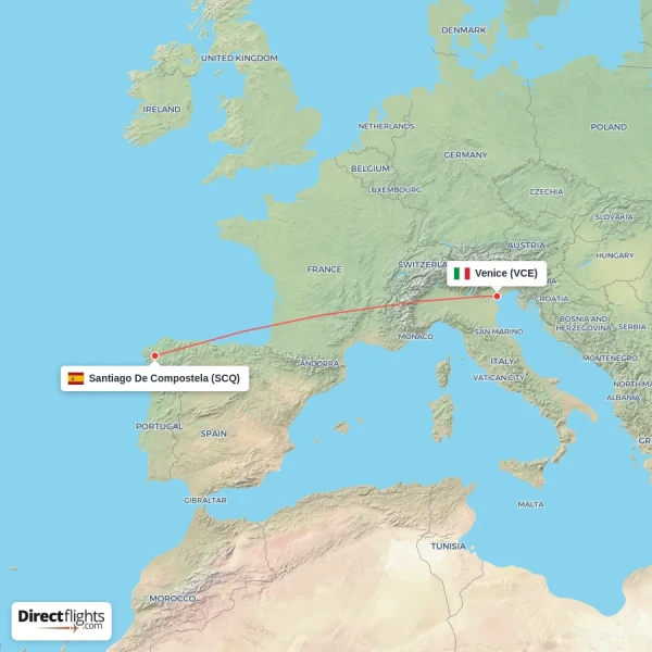 Santiago De Compostela - Venice direct flight map