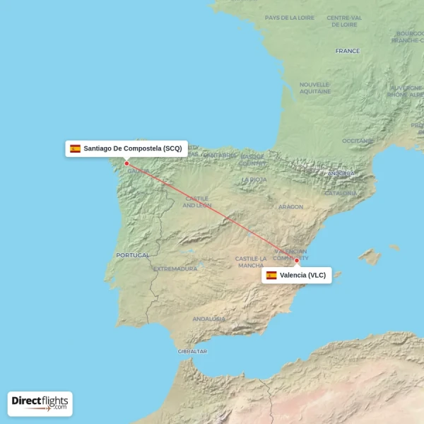 Santiago De Compostela - Valencia direct flight map