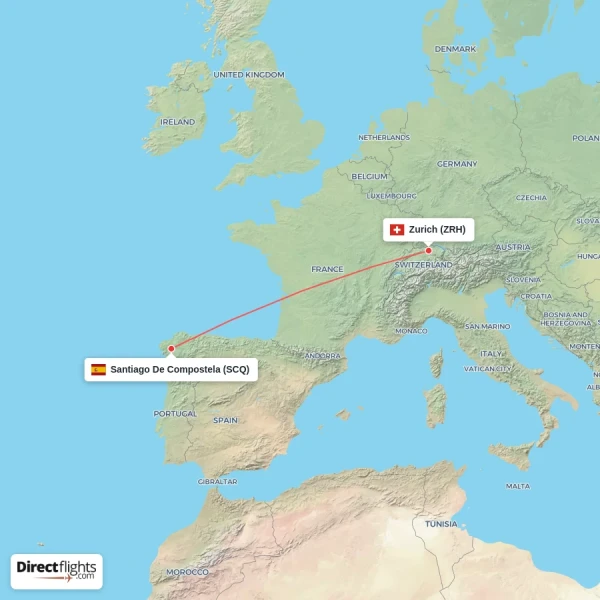 Santiago De Compostela - Zurich direct flight map