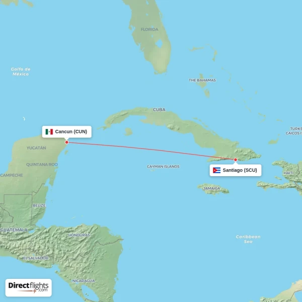 Santiago - Cancun direct flight map