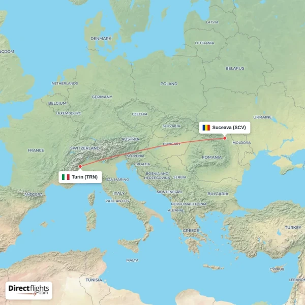Suceava - Turin direct flight map