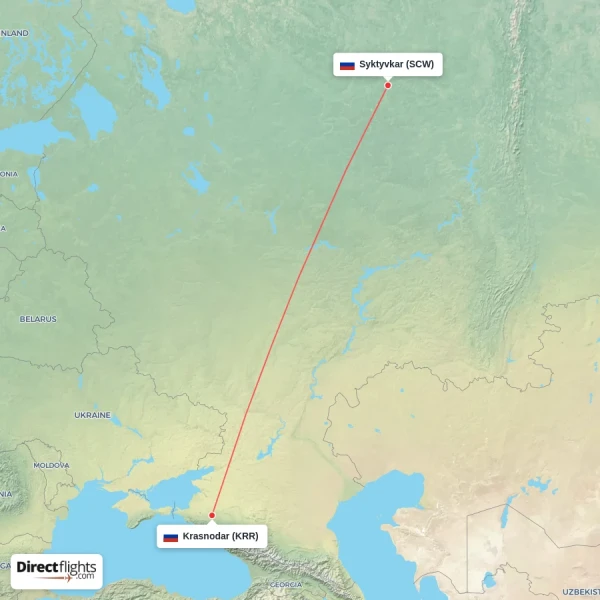 Syktyvkar - Krasnodar direct flight map