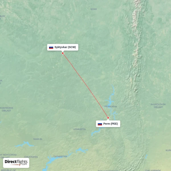 Syktyvkar - Perm direct flight map