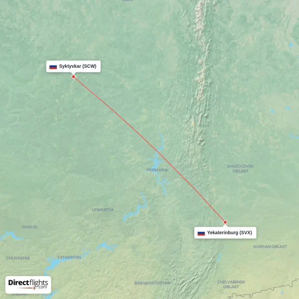 Syktyvkar - Yekaterinburg direct flight map
