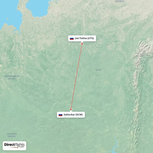 Syktyvkar - Ust-Tsilma direct flight map