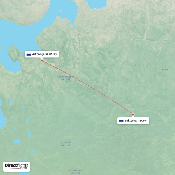 Syktyvkar - Arkhangelsk direct flight map