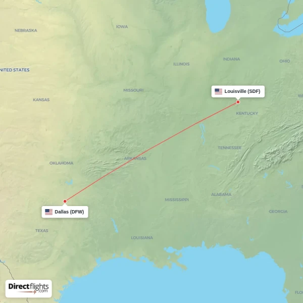 Louisville - Dallas direct flight map