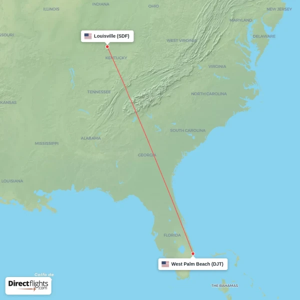 Louisville - West Palm Beach direct flight map