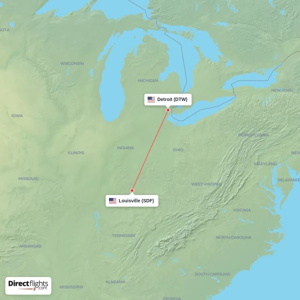 Louisville - Detroit direct flight map