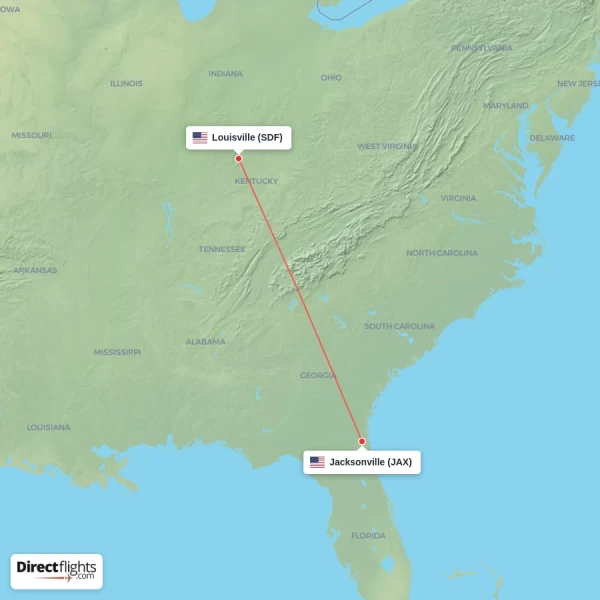 Louisville - Jacksonville direct flight map