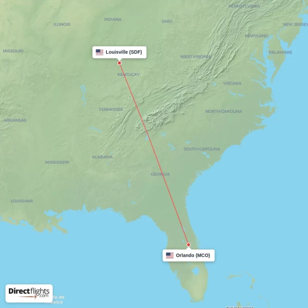 Louisville - Orlando direct flight map