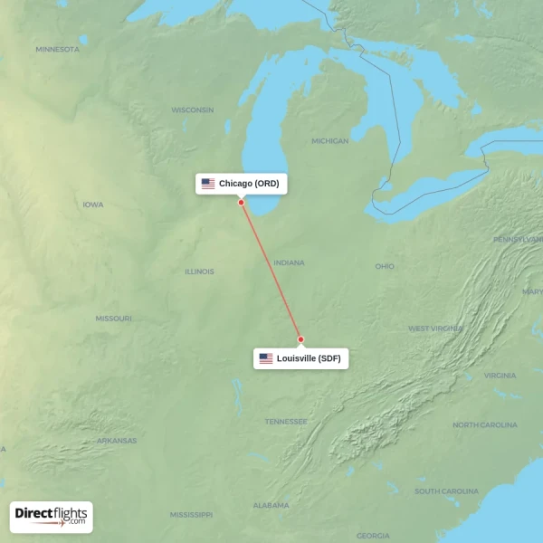 Louisville - Chicago direct flight map
