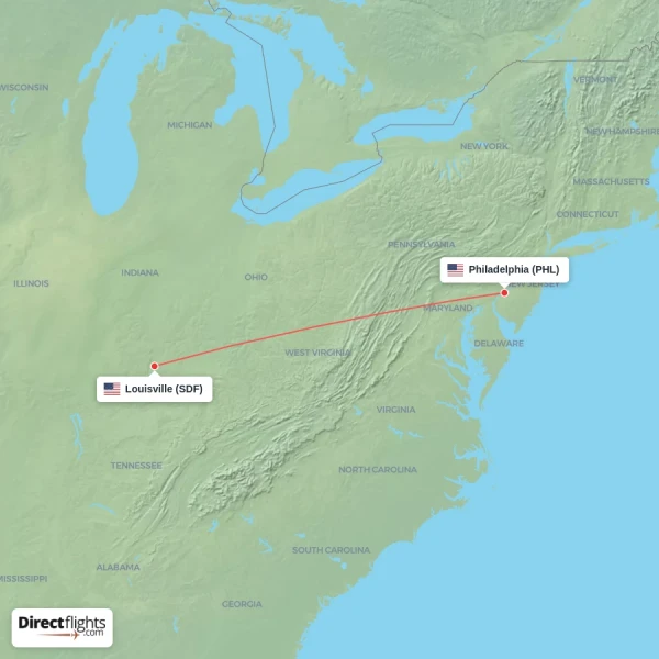 Louisville - Philadelphia direct flight map