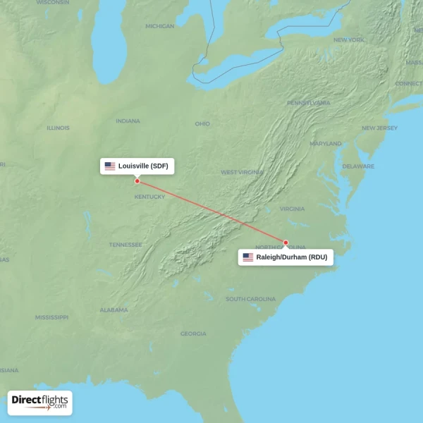 Louisville - Raleigh/Durham direct flight map
